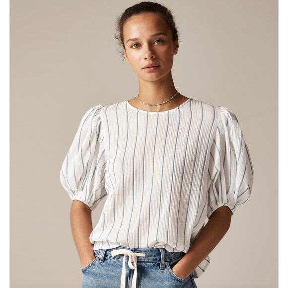 J.Crew Puff Sleeve Top Sheer Gauze Cotton Striped Lightweight Ivory XL NWT - Picture 1 of 13